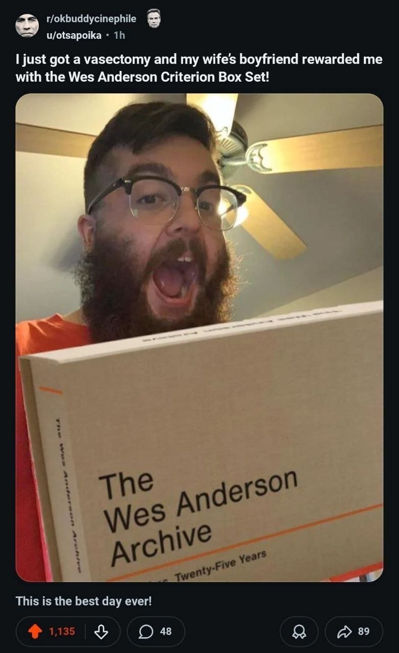 r/okbuddycinephile u/otsapoika just got a vasectomy and my wife's boyfriend rewarded me with the Wes Anderson Criterion Box Set! у This is the best day ever! У О 48 89