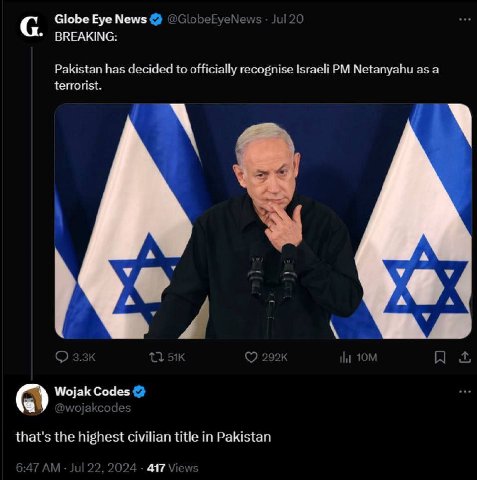 Globe Eye News @С! eNev 1120 BREAKING: Pakistan has decided to officially recognise Israeli Netanyahu as a terrorist. a a a A a у у 3.31 5 Wojak Codes that's the highest civilian title in Pakistan 6:4