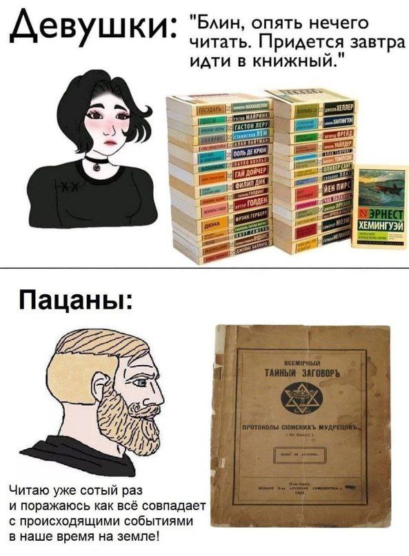 "Блин, опять нечего Девушки: читать. ридется завтра идти в книжный." OF ГАЯД ГОЛД 22" Пацаны: 222222 Читаю уже сотый раз и поражаюсь как всё совпадает с происходящими событиями в наше время на земле!