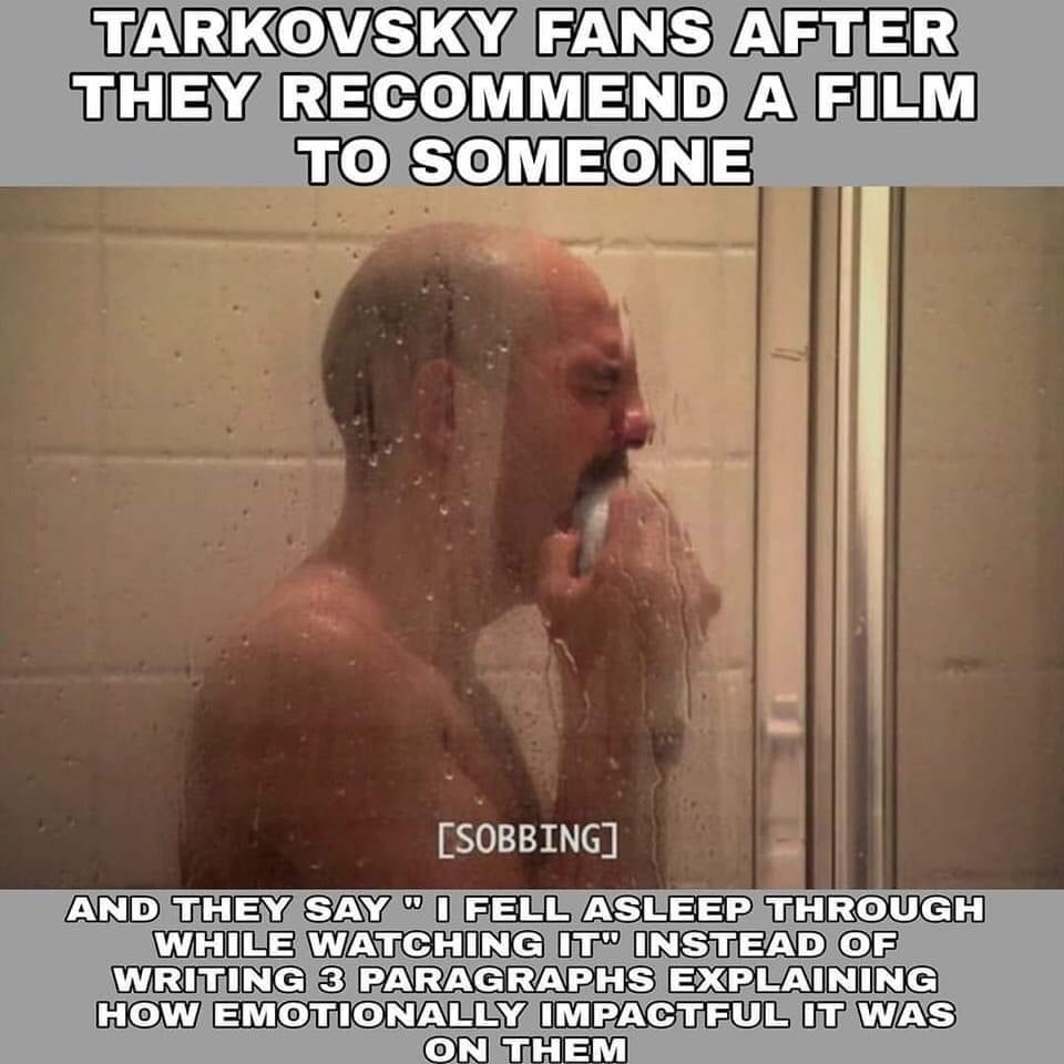 TARKOVSKY FANS AFTER THEY RECOMMEND A FILM TO SOMEONE AND THEY SAY "1 FELL ASLEEP THROUGH WHILE WATCHING IT" INSTEAD OF WRITING 3 PARAGRAPHS EXPLAINING HOW EMOTIONALLY IMPACTFUL IT WAS ON THEM