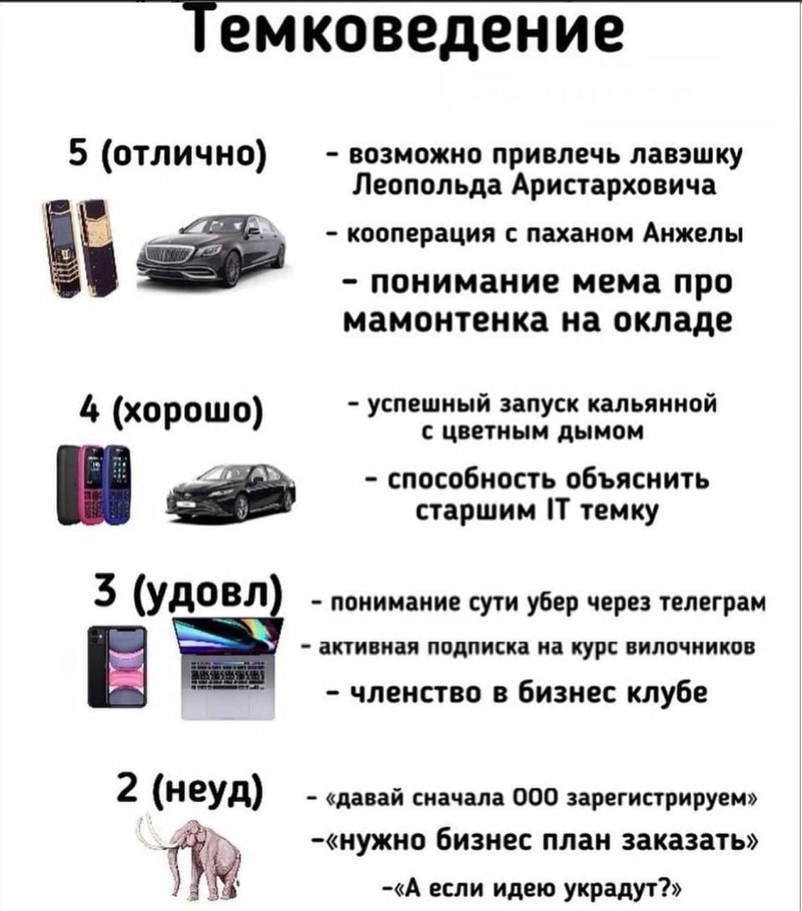 5 (отлично) возможно привлечь лавэшку Леопольда Аристарховича кооперация с паханом Анжелы понимание мема про мамонтенка на окладе 4 (хорошо) успешный запуск кальянной с цветным дымом способность объяс