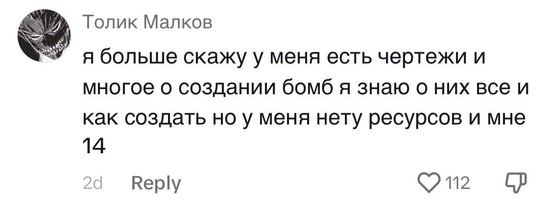 Толик Малков я больше скажу у меня есть чертежи и многое о создании бомб я знаю о них все и как создать но у меня нету ресурсов и мне 14 Reply