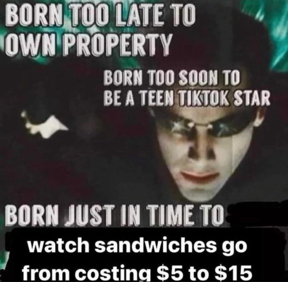 ТОО 1АТЕТО OWN PROPERTY BORN SOON ТО BE A TEEN TIKTOK STAR BORN JUST IN TIME TO watch sandwiches from costing $5 to $15