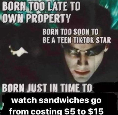 ТОО 1АТЕТО OWN PROPERTY BORN SOON ТО BE A TEEN TIKTOK STAR BORN JUST IN TIME TO watch sandwiches from costing $5 to $15