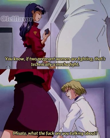 You know, if two pregnant women are fighting, that’s technically a mecha fight. Misato, what the fuck are you talking about?