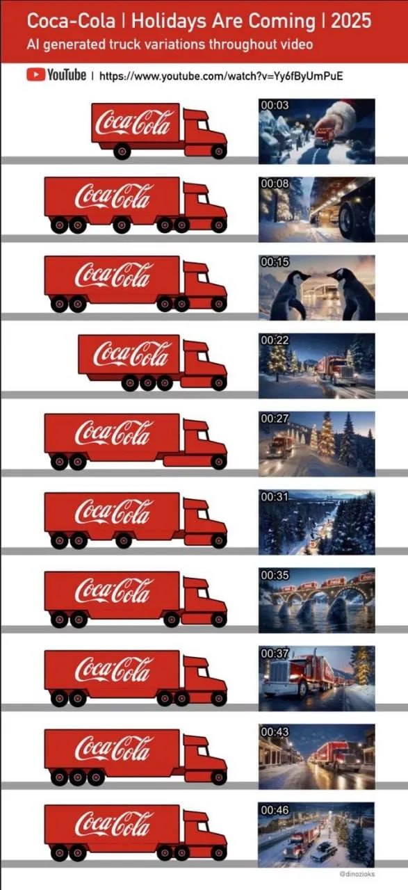 Coca-Cola Holidays Are Coming 2025 generated truck variations throughout video https://www.youtube.com/watch?v=YyéfByUmPuE 00:03 a 00 08 3 00:15, 00 22 00:27. 00:31 00:35 #0 a 00 00:43 00:46