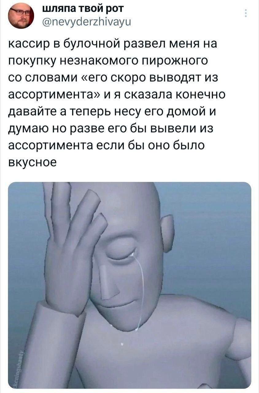 №5 шляпа твой рот @nevyderzhivayu кассир в булочной развел меня на покупку незнакомого пирожного словами «его скоро выводят из ассортимента» и я сказала конечно давайте а теперь несу его домой и думаю