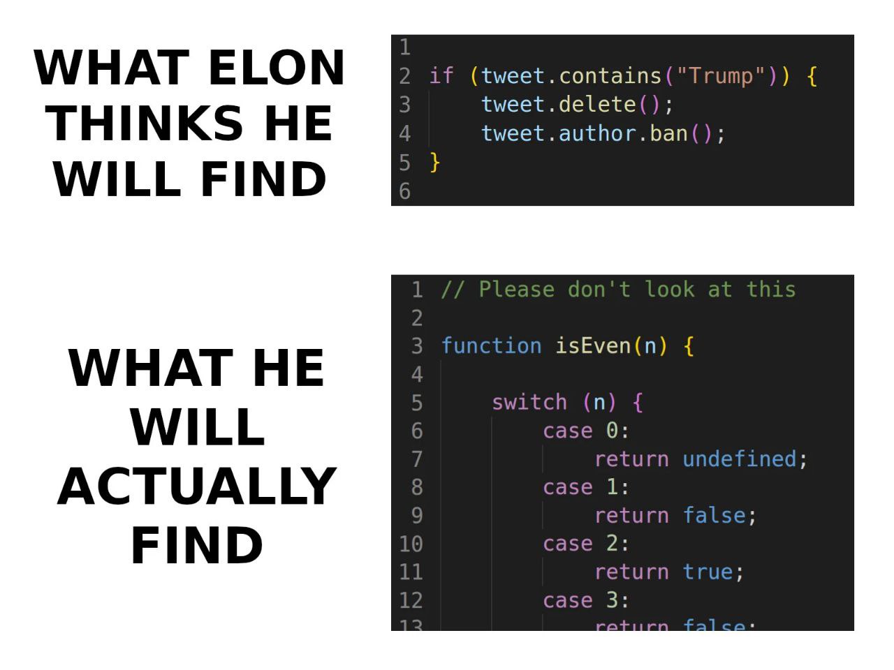 WHAT ELON if (tweet.contains("Trump")) tweet.delete(); THINKS HE tweet.author.ban() WILL FIND on isEven(n) WHAT HE switch WILL case 0: return unc ACTUALLY case 1 return FIND case 2: case 3: return
