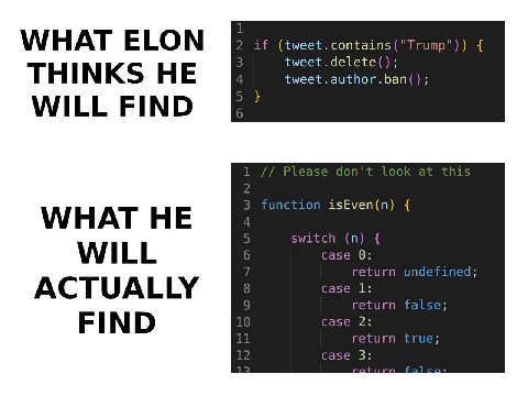 WHAT ELON if (tweet.contains("Trump")) tweet.delete(); THINKS HE tweet.author.ban() WILL FIND on isEven(n) WHAT HE switch WILL case 0: return unc ACTUALLY case 1 return FIND case 2: case 3: return