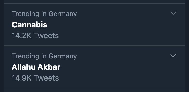 Trending in Germany Cannabis Tweets Trending in Germany Allahu Akbar Tweets
