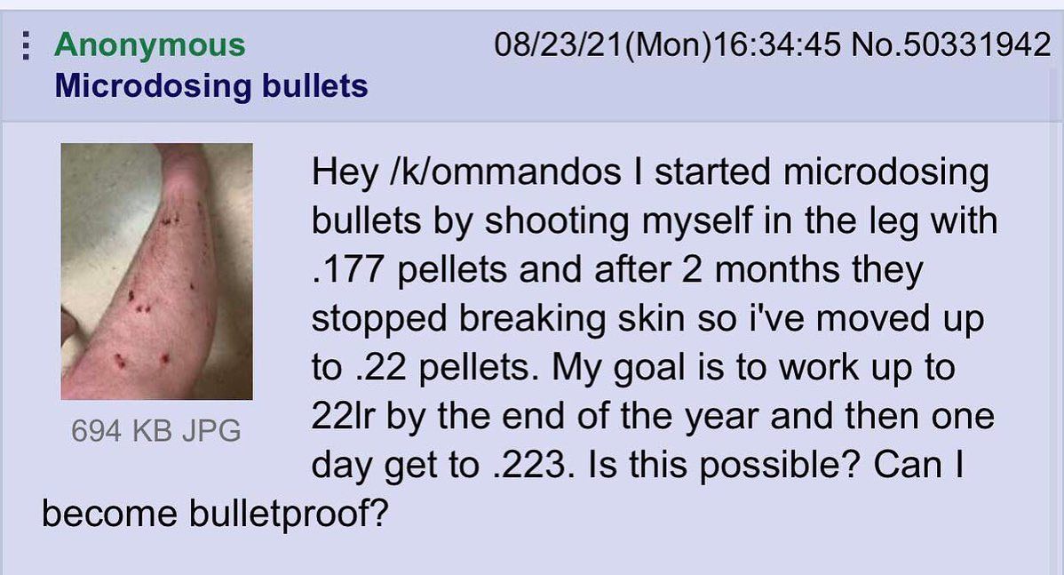 Anonymous No.50331942 Microdosing bullets /k/ommandos started microdosing bullets shooting myself in the leg with а pellets and after 2 months they stopped breaking skin so i've moved up to .22 pellet