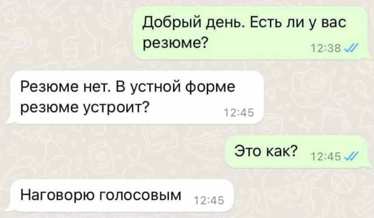 Добрый день. Есть вас резюме? 12:38 Резюме нет. В устной форме резюме устроит? Это как? Наговорю голосовым