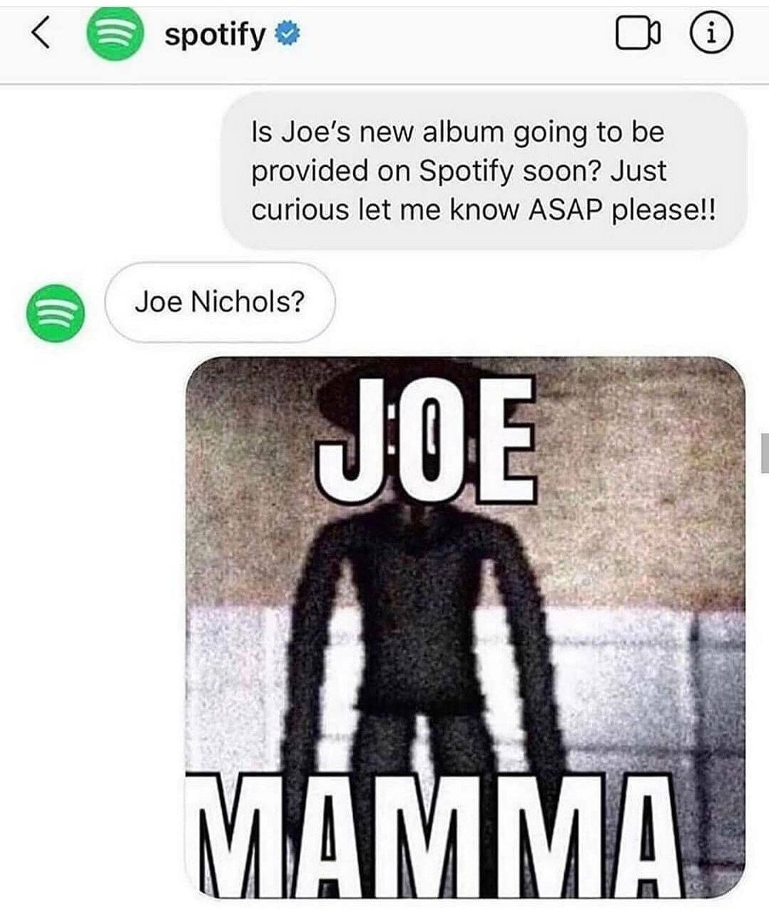 spotify С Is Joe’s new album going to be provided on Spotify soon? Just curious let me know ASAP please!! 6 Joe Nichols?