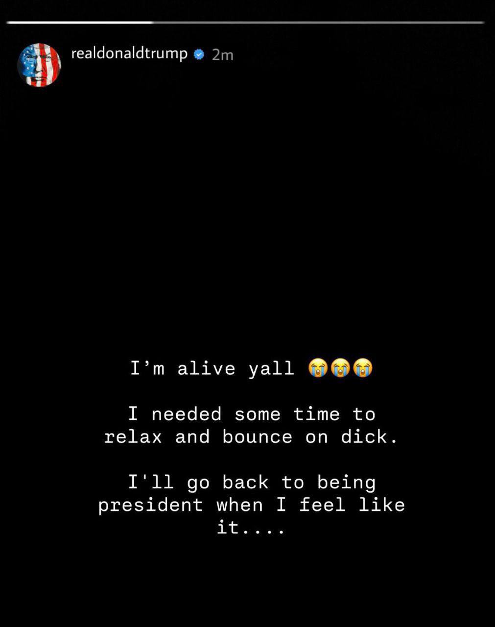realdonaldtrump alive yall I needed some time to relax and bounce on dick. I'll back to being president when I feel like
