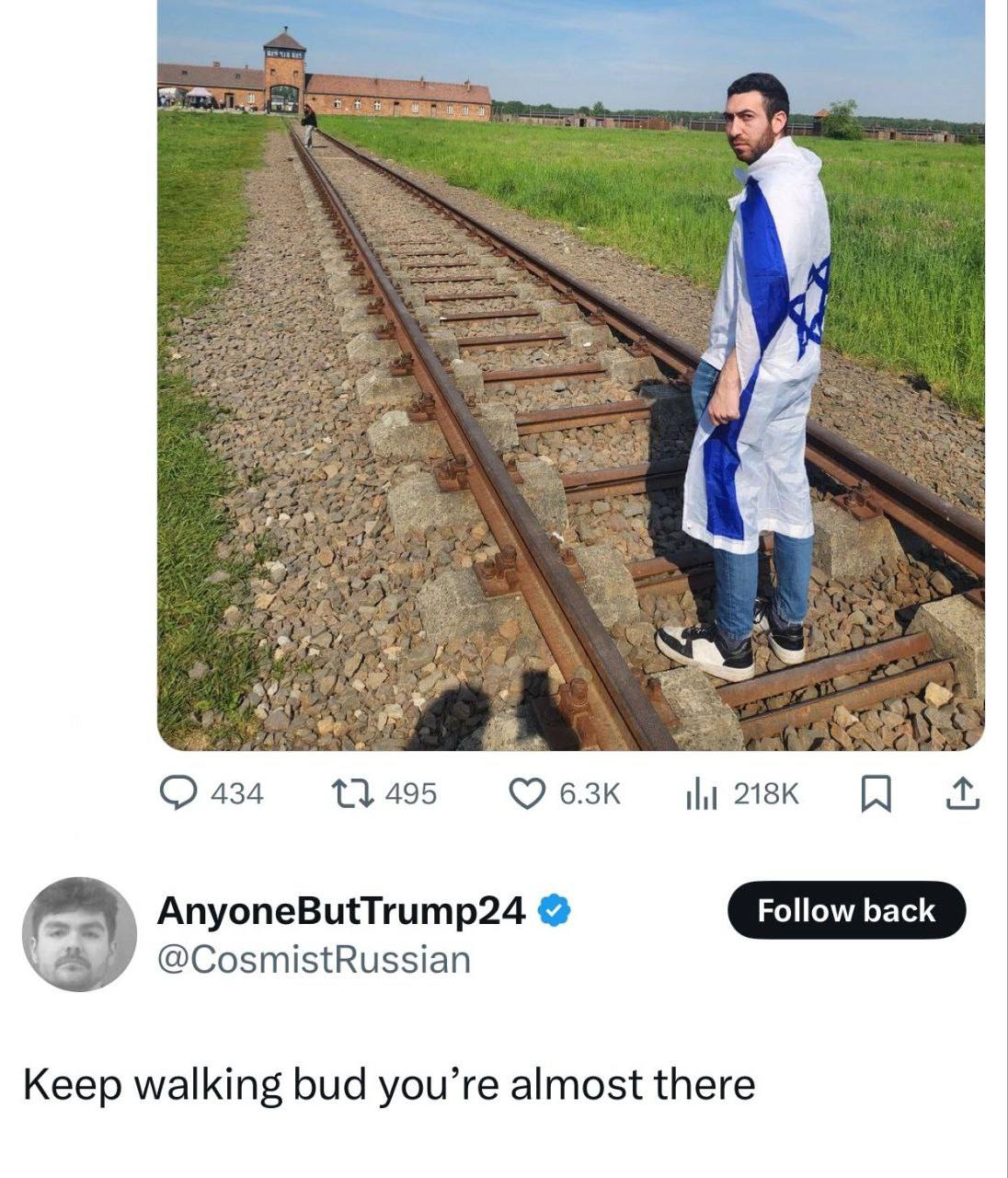 3 О 434 13495 6.3к AnyoneButTrump24 Follow back @CosmistRussian Keep walking bud you’re almost there