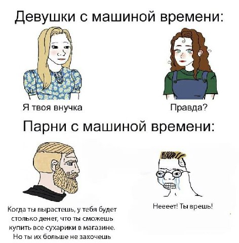 Девушки с машиной времени: Я твоя внучка Правда? Парни с машиной времени: зао Когда ты вырастешь, у тебя будет Неееет! Ты врешь! столько денег, что ты сможешь купить все сухарики в магазине. Ноты боль