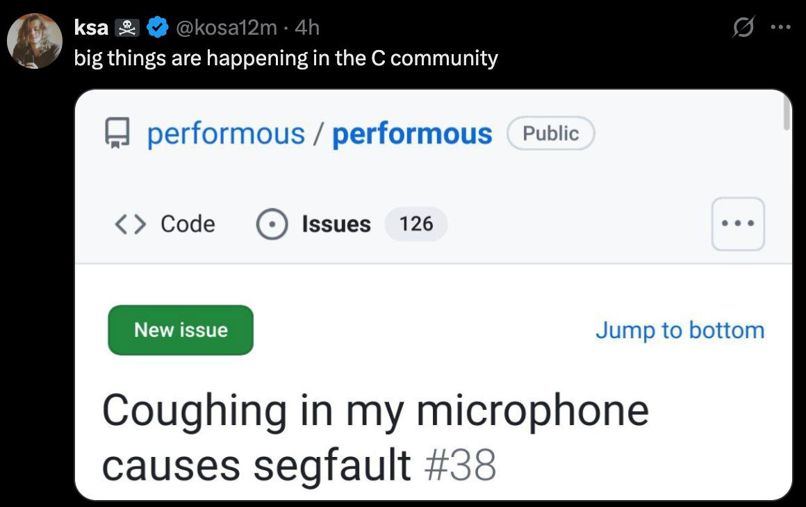 big things are in the community performous performous Public Code (5) Issues 126 Jump to bottom Coughing in my microphone causes segfault #38