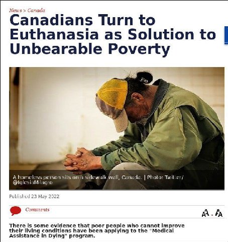 News Canada Canadians Turn to Euthanasia as Solution to Unbearable Poverty A homeless person sits on a sidewalk wall, Canada. Photo: Twitter/ @lglesiaMilagro Published 23 May 2022 Comments А А There i