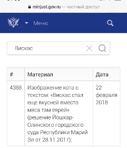 minjust.gov.ru частный доступ Меню Вискас Материал Дата 4388 Изображение кота с 22 текстом: «Вискас стал февраля еще вкусней вместо 2018 мяса там еврей» (решение Олинского городского суда Республики М