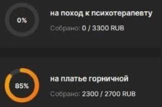 на поход к психотерапевту 0% собрано: 09 3300 RUB на платье горничной 85% собрано: 2300 2700 RUB