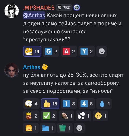 .MP3HADES ФРвс @Arthas Какой процент невиновных людей прямо сейчас сидит в тюрьме и незаслуженно считается “преступниками”? А2 Arthas у ну бля вплоть до 25-30%, все кто сидят за неуплату налогов, за с