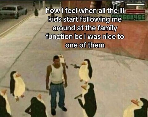 how i feel when all the lil kids start following me around at the family function i was nice to one of them