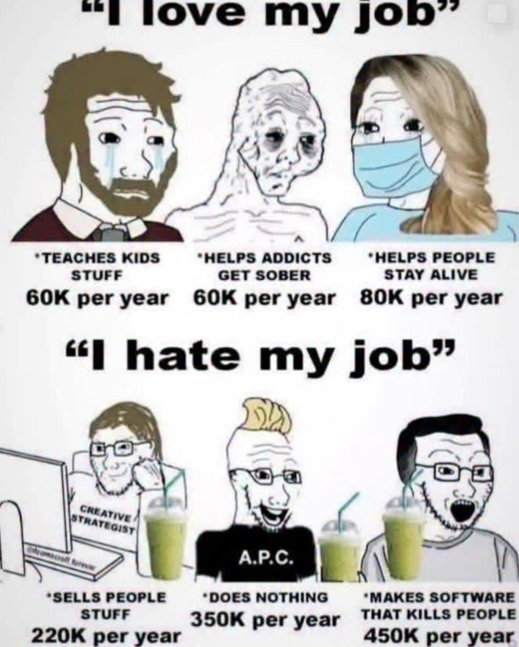 “i tove ]00” А: *TEACHES KIDS ADDICTS PEOPLE STUFF GET SOBER STAY ALIVE per year GOK рег уеаг per year “1 hate job” К at *SELLS PEOPLE STUFF *DOES NOTHING *МАКЕЗ SOFTWARE per year per year THAT KILLS 