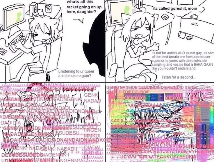 Whats all this racket going on up its called goreshit, mom here, daughter? its not for autists AND its not gay. its 507 of the best breakcore from a producer ior 10 yours deep inincale and vocals a BA