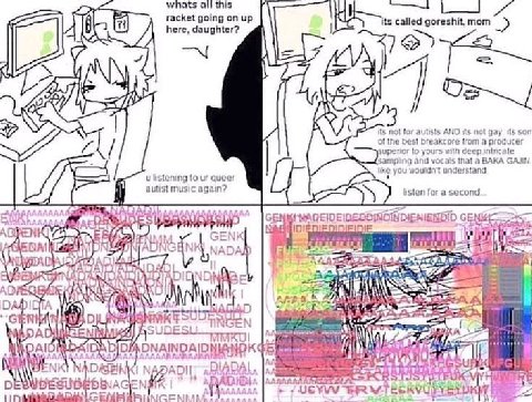 Whats all this racket going on up its called goreshit, mom here, daughter? its not for autists AND its not gay. its 507 of the best breakcore from a producer ior 10 yours deep inincale and vocals a BA