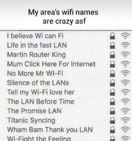 area's wifi names are crazy asf believe can a Life in the fast LAN a Martin Router King a Mum Click Here For Internet 8 More WI-Fi a Silence of the LANs в Tell my Wi-Fi love her a The LAN Before Time 