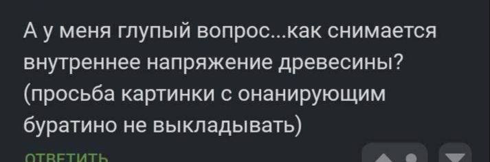 А уменя глупый вопрос...как снимается внутреннее напряжение древесины? (просьба картинки с онанирующим буратино не выкладывать) ОТРЕТИТЬ 4