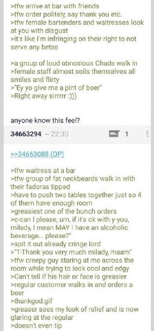 >tfw arrive at bar with friends >tfw order politely, say thank you etc. >tfw female bartenders and waitresses look at you with disgust >it's like infringing on their right to not serve any betas >a gr