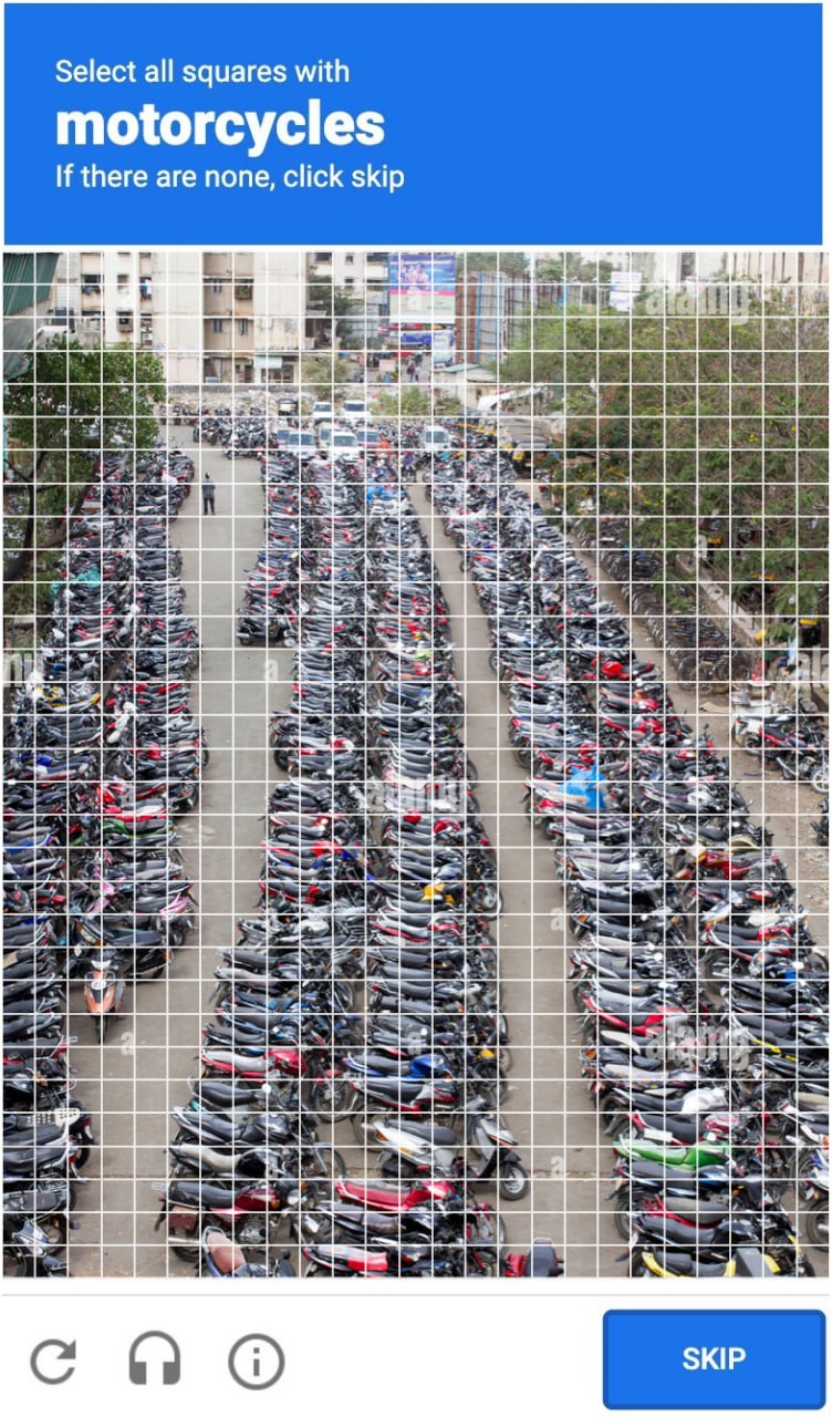 Select all squares with motorcycles If there are none, click skip 447]