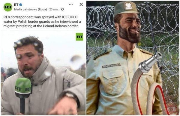 Media paristwowe (Rosja) RT's correspondent was sprayed with ICE-COLD water Polish border диага$ as he interviewed а migrant protesting at the Poland-Belarus border. А Мих А bad к 4 4 a к 4 a 3