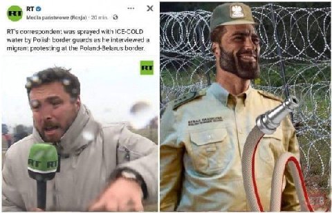 Media paristwowe (Rosja) RT's correspondent was sprayed with ICE-COLD water Polish border диага$ as he interviewed а migrant protesting at the Poland-Belarus border. А Мих А bad к 4 4 a к 4 a 3