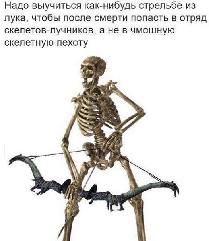Надо выучиться как-нибудь стрельбе из лука, чтобы после смерти попасть в отряд скелетов-лучников, а не в чмошную скелетную пехоту У 1