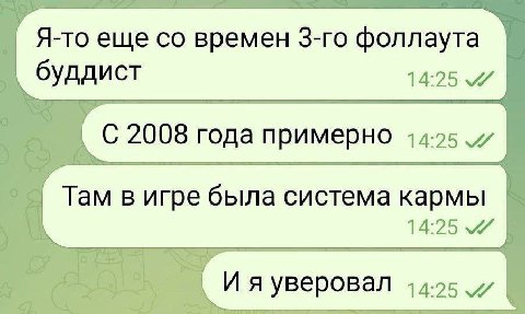 Я-то еще времен фоллаута буддист 14:25 С 2008 года примерно Там в игре была система кармы 14:25 уверовал 14.25