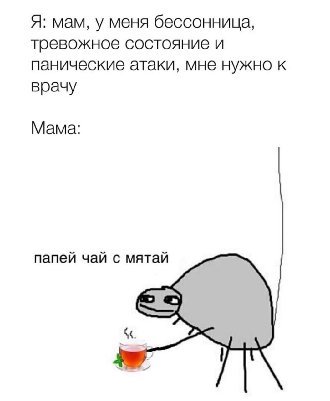Я: мам, у меня бессонница, тревожное состояние и панические атаки, мне нужно к врачу Мама: папей чай с мятай