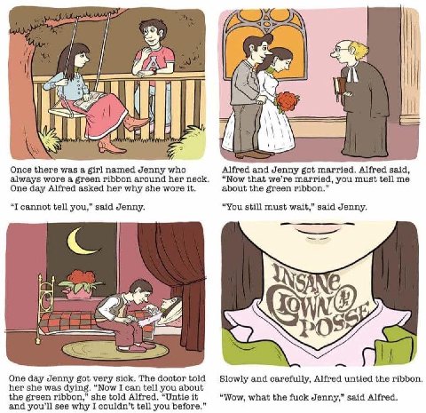 А a A CTH Once there was a girl named Jenny who Alfred and Jenny got married. Alfred said, always wore a green ribbon around herneck. “Now that we’re married, you must tell me One day Alfred asked her