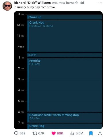 Richard “Dick” Williams @burrow_burner9 Insanely busy day tomorrow. 9 Wake up Crank Hog 11 Noon Lunct 1 Fortnite Зем 4 5 6 DoorDash $200 worth of Wingstop 7 Crank Hog О 589