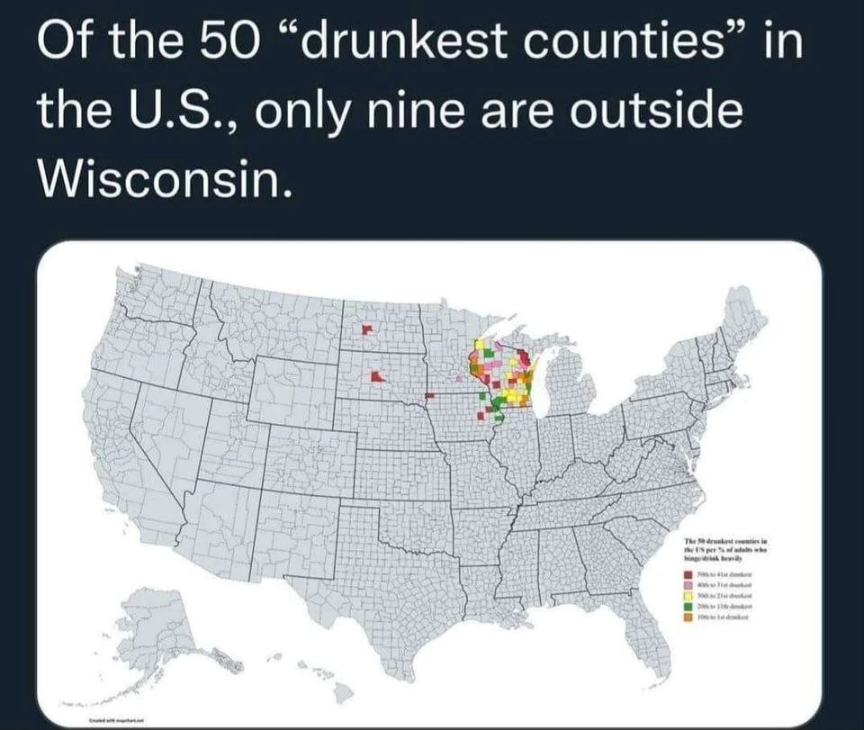 Of the 50 “drunkest counties” in the only nine are outside Wisconsin.