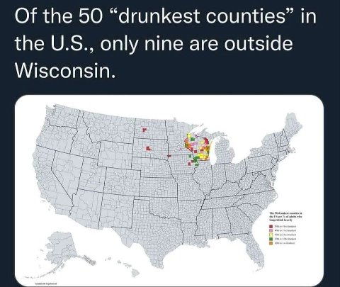 Of the 50 “drunkest counties” in the only nine are outside Wisconsin.
