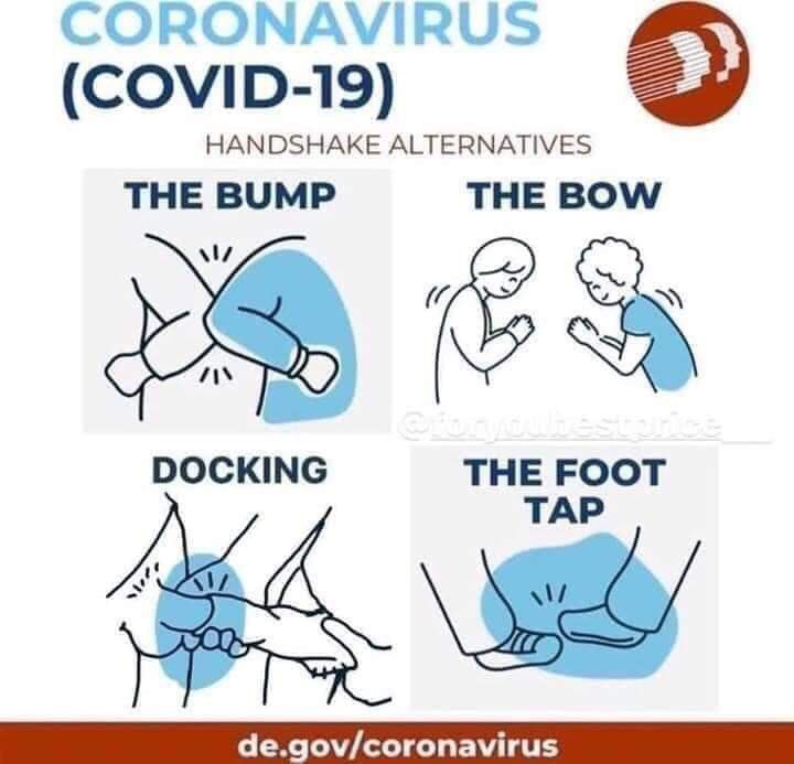 (COVID-19) HANDSHAKE ALTERNATIVES THE BUMP THE BOW DOCKING THE FOOT TAP de.gov/coronavirus