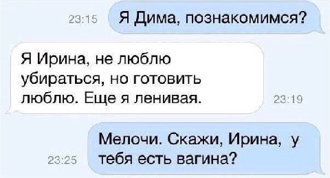 23:15 Я Дима, познакомимся? Я Ирина, не люблю убираться, но готовить люблю. Ещея ленивая. Мелочи. Скажи, Ирина, у тебя есть вагина?