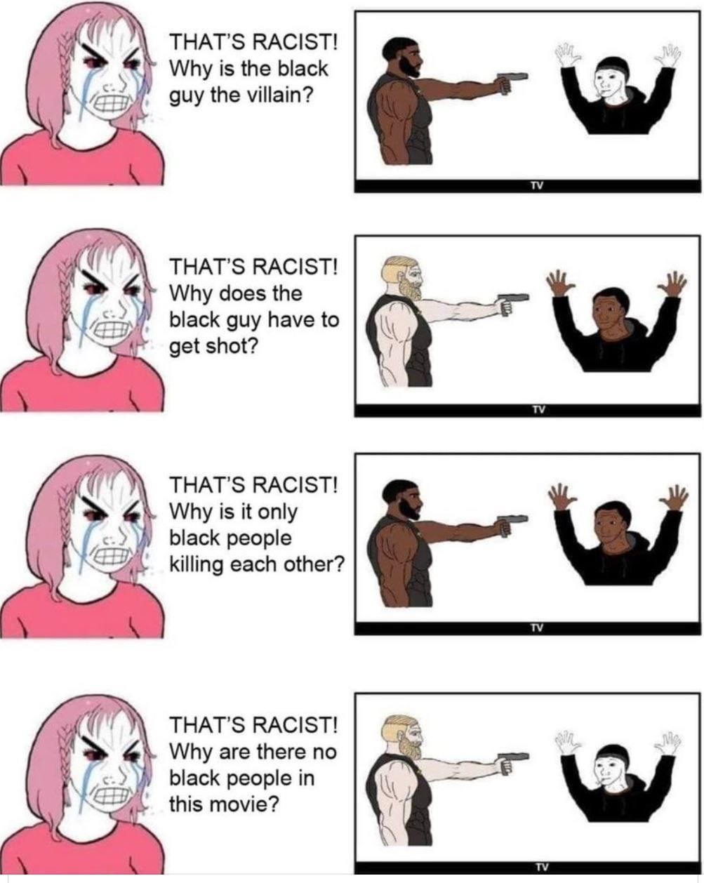 THAT's RACIST! Why is the black guy the villain? ТНАТ’$ RACIST! Why does the black guy have to get shot? THAT's RACIST! Why is it only black people killing each other? THAT'S RACIST! у Why are {Неге п
