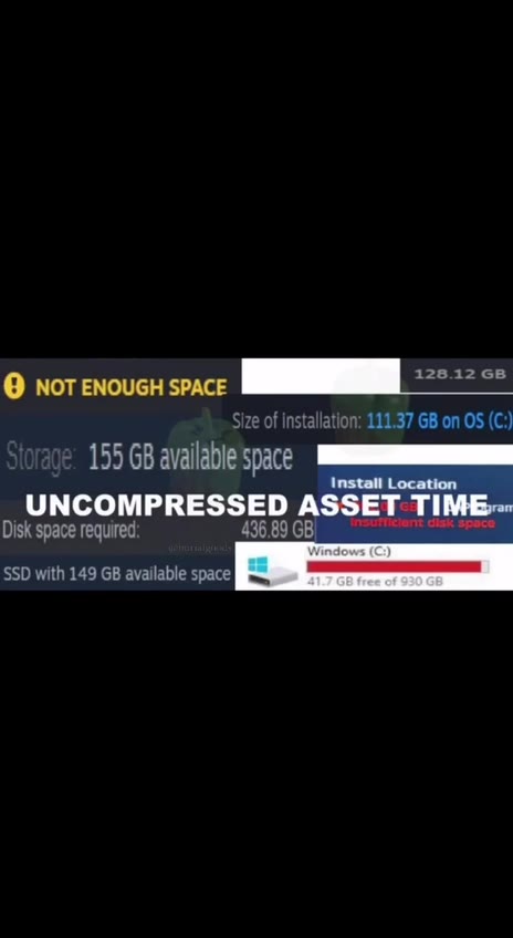 Computing industry, To surpass logic | @ NOT ENOUGH SPACE PEE Tei 155 68 аизПаЫе зрасе iT UNCOMPRESSED ASSET TIME: Disk space required 496,89 GB seme ee a