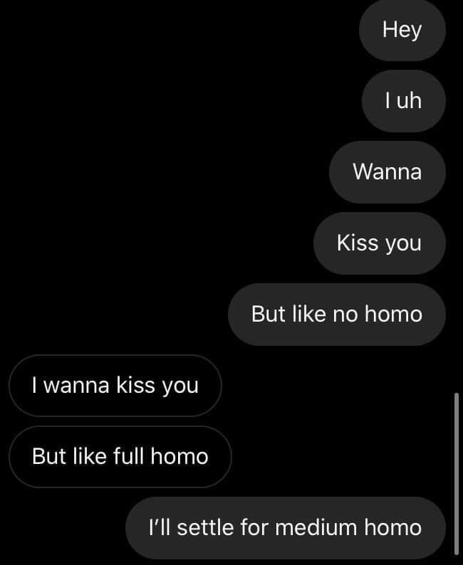 Неу Wanna Kiss you But like no homo wanna kiss you But like full homo settle for medium homo