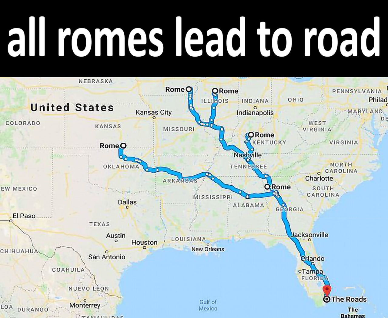 all romes lead to roa NEBRASKA Воте PENNSYLVANIA QRome INDIANA OHIO Philad United States MARYLAND. Kansas City indianapolis COLORADO KANSAS WEST MISSOURI VIRGINIA ОКоте Воте KENTUCKY VIRGINIA NORTH OK