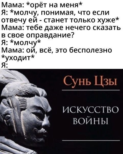 Мама: *орёт на меня* Я: *молчу, понимая, что если отвечу станет только хуже* Мама: тебе даже нечего сказать в свое оправдание? Я: *молчу* Мама: всё, это бесполезно Сунь Цзы ИСКУССТВО ВОИНЫ