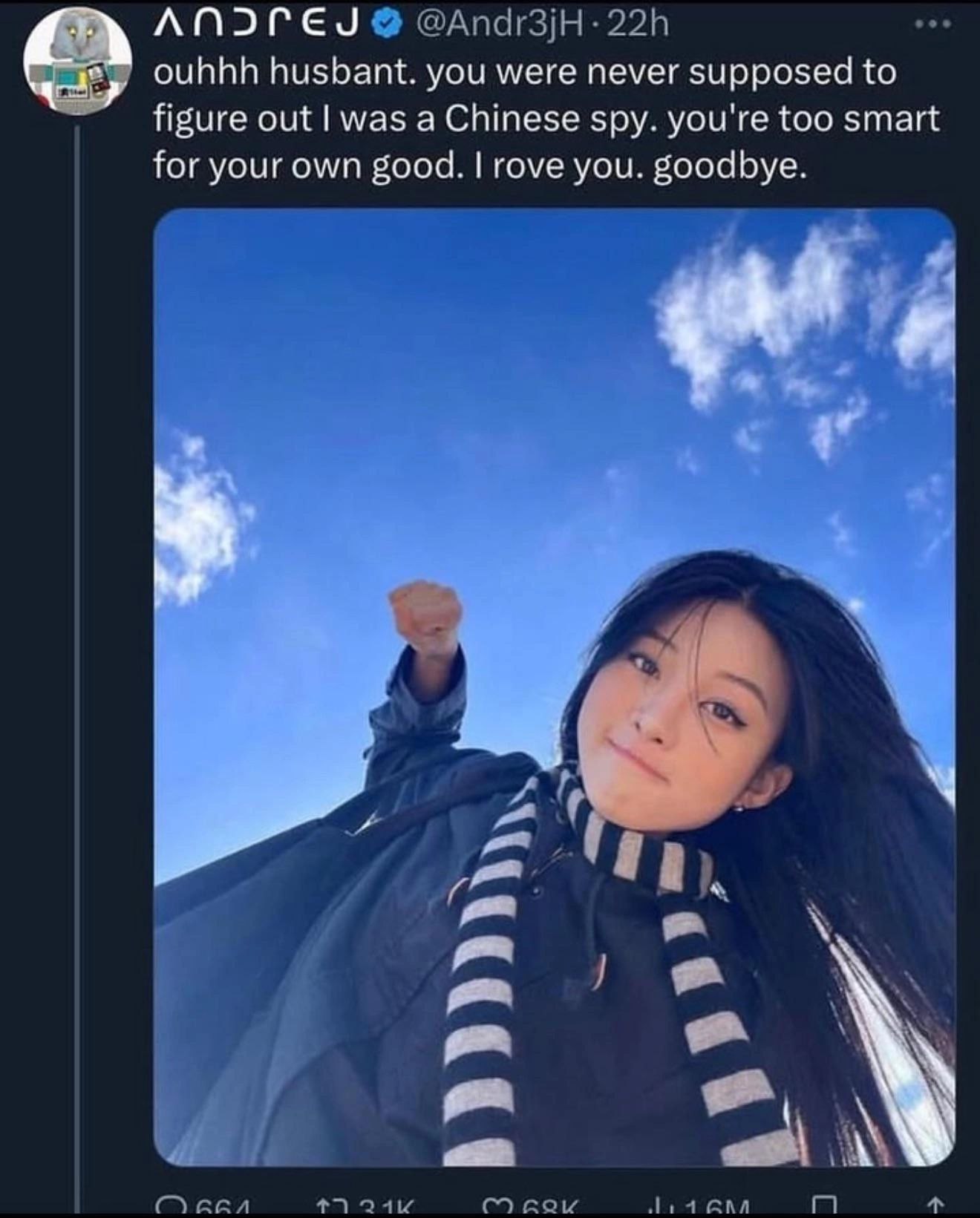 ouhhh husbant. you were never supposed to figure out was a Chinese spy. you're too smart for your own good. rove you. goodbye.